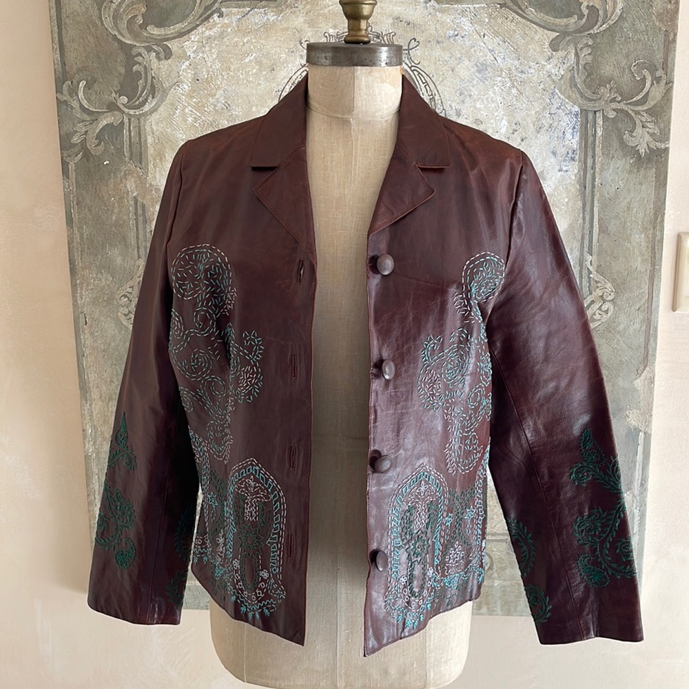 Anthropologie Chocolate Brown Leather Jacket with Teal Embroidery